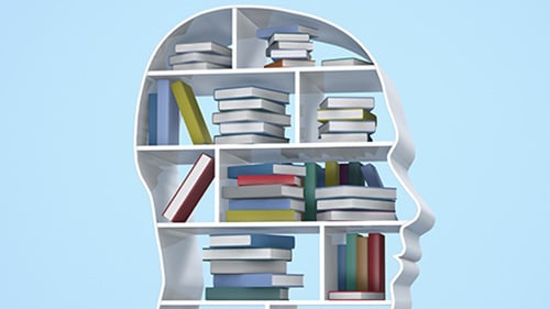 Outline of head with books inside stacked on shelves