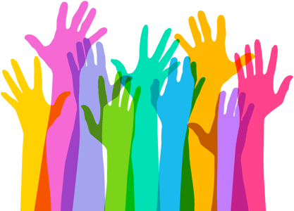 illustration of different color hands raised in the air.