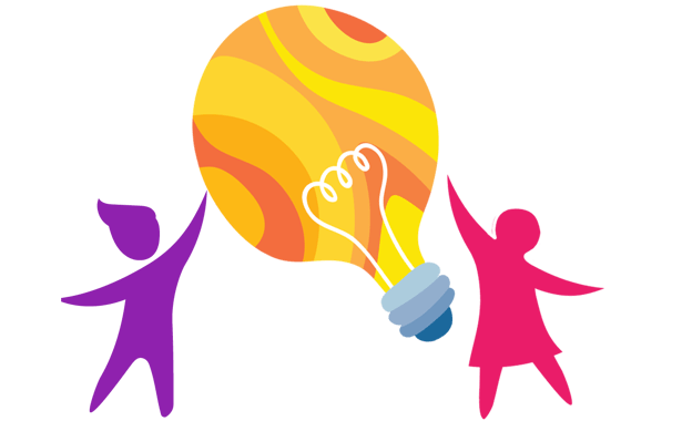 illustration of boy and girl reaching for a light bulb.