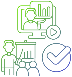 Illustration of a teacher and class and another of online teaching