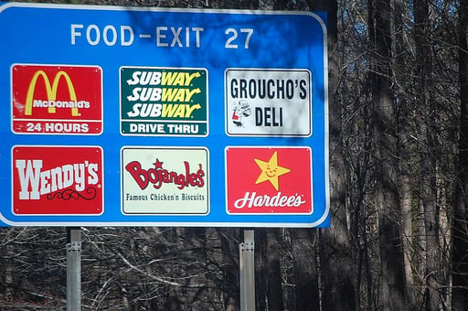 Road sign advertising fast food