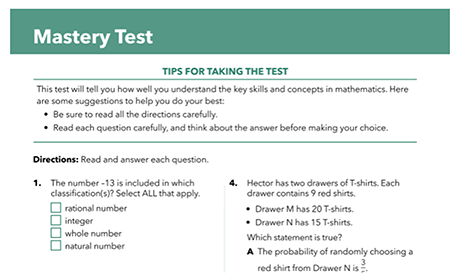 TEKS Math Companion Mastery Test example