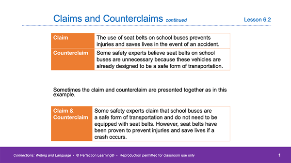 Connections Writing and LanguageClaims and Counterclaims PowerPoint slide image