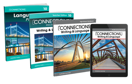 Connections: Writing and Language covers and tablet image