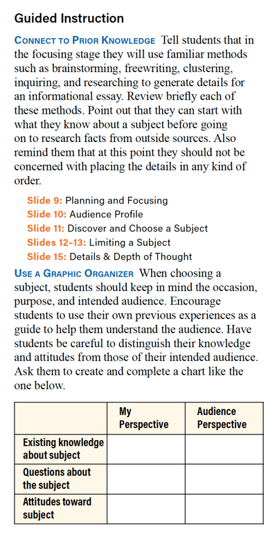 Connections Writing and Language guided instruction example image