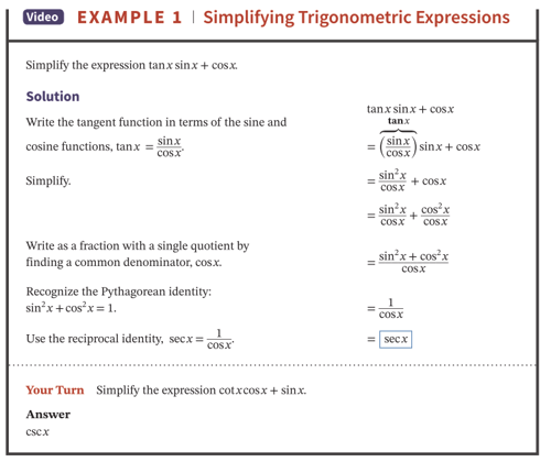 Wiley Trigonometry Simplifying Trigonometric Expressions sample page