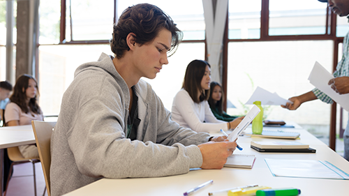 high school student reads assignment