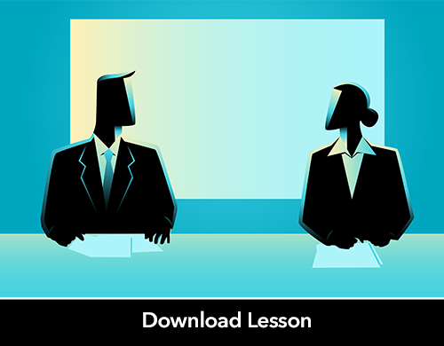 Text: Download Lesson; Image: Graphic of news anchors