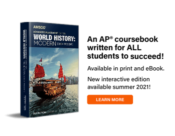 Image: AP World History book cover. Text: Available in print and ebook, interactive coming summer 2021
