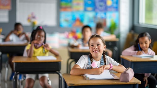 Elementary kids at desks in classroom smiling to the front