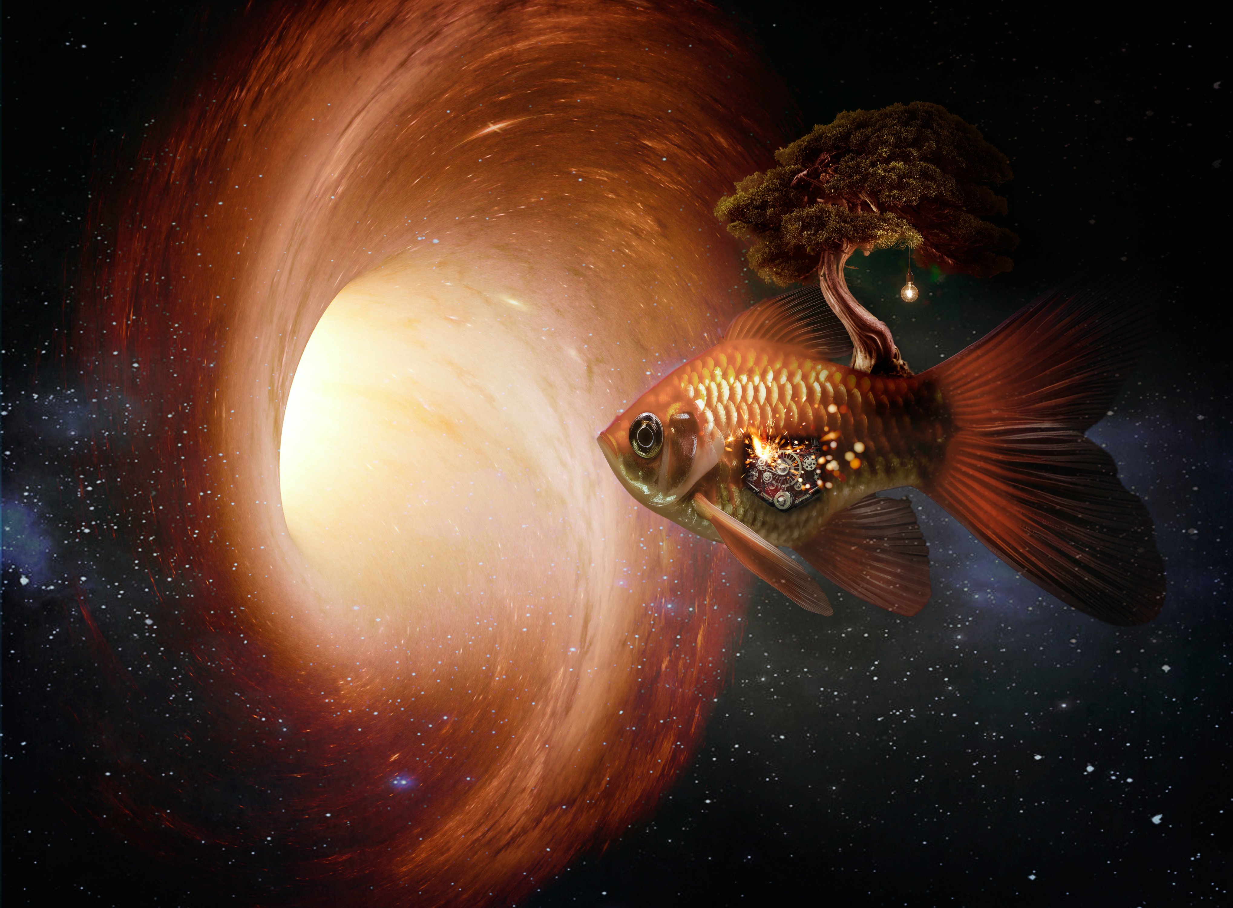illustration of a fish entering a galaxy in outer space