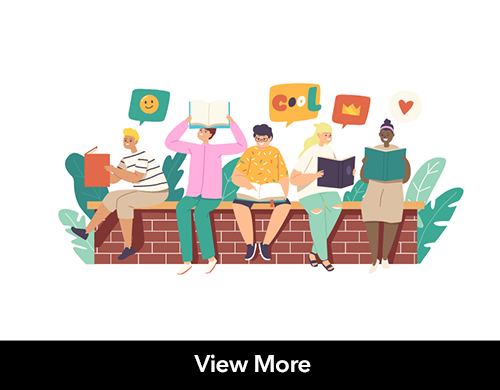 Illustrative images of teenagers reading books, sitting on a brick wall. Above them are speech bubbles with emojis showing how they feel about the books: a smile for happiness, COOL, a crown, and a heart. 