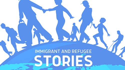 Illustration of immigrant families holding hands and traveling around the globe