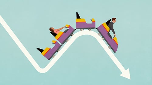 illustration of people riding on roller coater cars, the tracks of which appear to be a line on a graph
