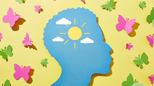 Blue outline of head with sun and clouds in the middle of the head on a yellow back ground. Green and pink butterflies against the yellow background.
