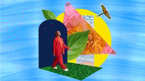 Woman walks through illustration of a doorway walking outside