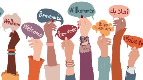 Illustration of multicolored hands holding up speech bubbles with the world for 