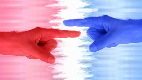 Red finger on the left pointing toward blue finger on the right