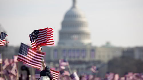 People stand outside US Capitol building waving small American flags