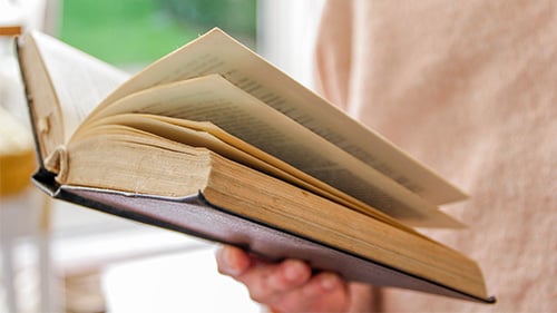 hand holding open a book of poetry
