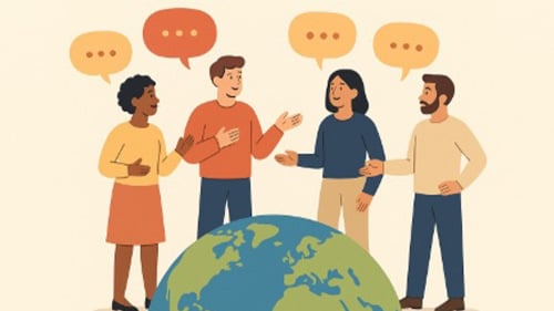 illustration of people talking around a globe