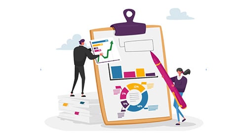 illustration of two characters using a giant clipboard to analyze data
