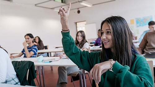 student raising hand to ask a question
