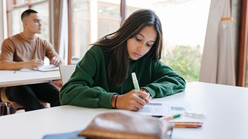 High school student writing in notebook