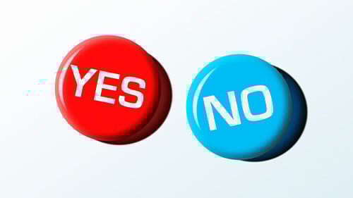 Red button with white text that reads YES and blue button with white text that reads NO