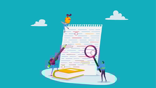 Illustration of students editing a very large piece of paper with a giant pencil and giant magnifying glass