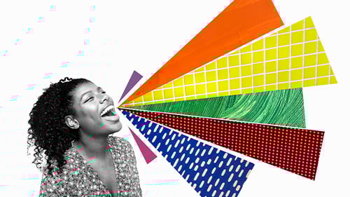 Black and white photograph of a woman appearing to yell, from her mouth come illustrations of multicolored and multiextured triangles