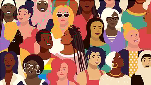 Diverse array of illustrated women in a large group smiling for women's history month