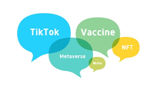 Multicolored speech bubbles with the words Tik Tok, Vaccine, metaverse, woke, and NFT in them