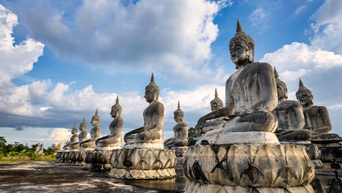 Aerial Drone View of Archaeological sites and Buddha images in Buddhism, Thung Yai District, Nakhon Si Thammarat Province, Thailand