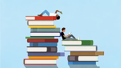 illustration of giant stacks of books with two teen boys sitting atop the stacks reading their own books