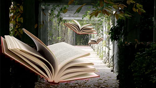 fantasy books appearing to fly through a leafy corridor