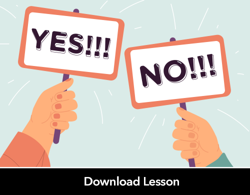 Text: Download Lesson; Image: people holding up signs that say 
