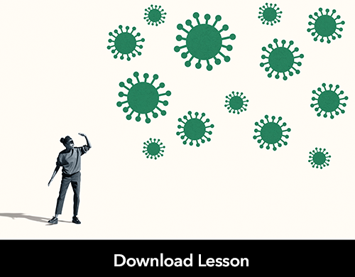 Text: Download Lesson; Image: Woman shielding herself from germs