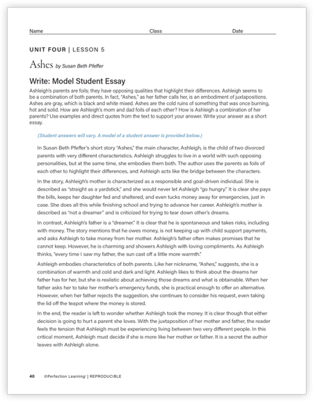 Connections: Literature Middle School model student essay image