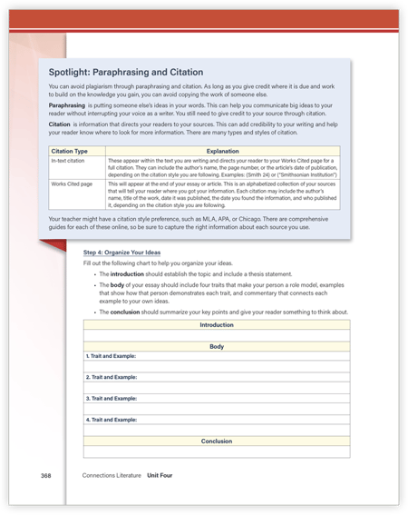 Connections: Literature Middle School writing graphic organizer image