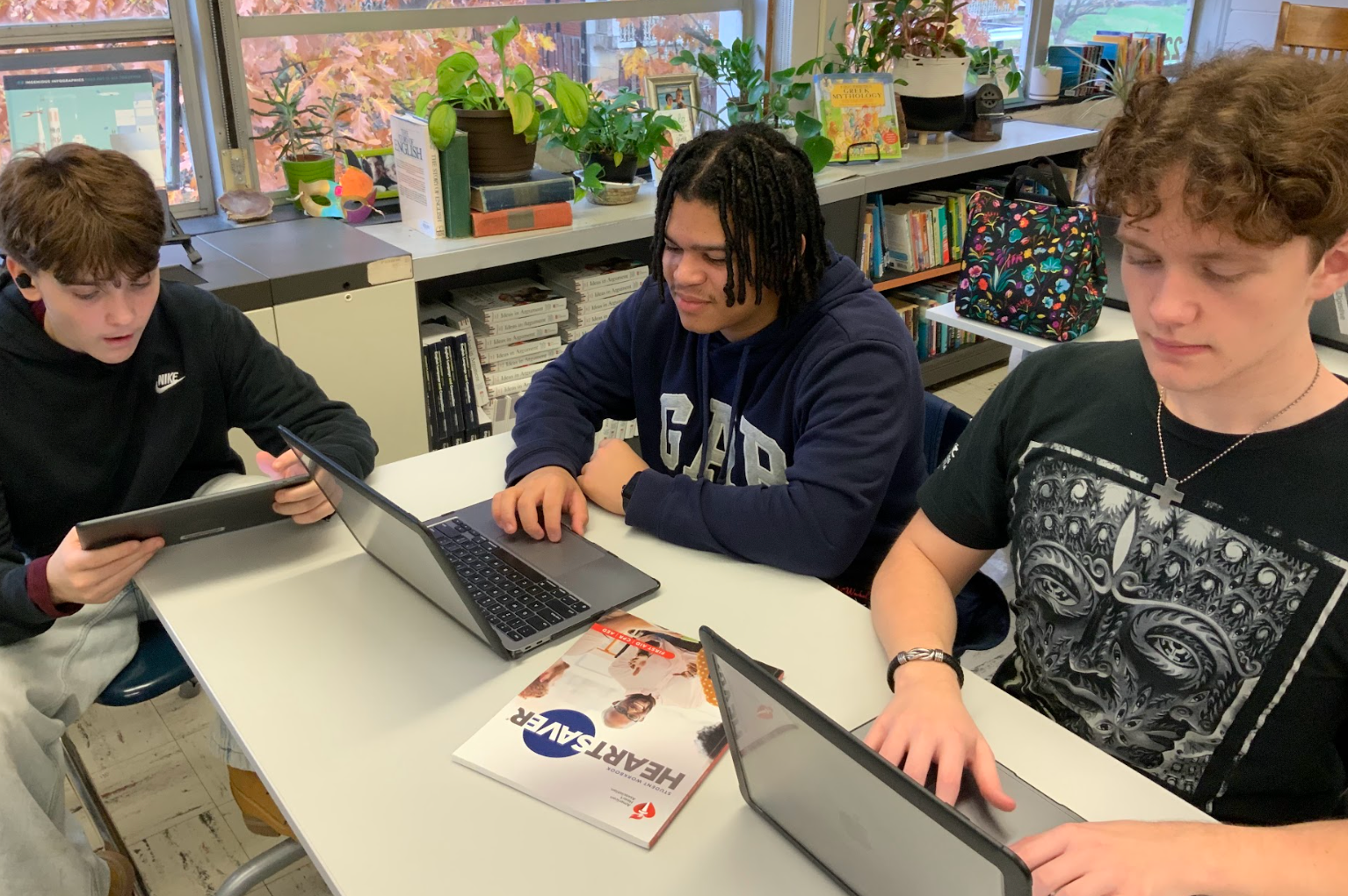 studetns in English class collaborating to edit their CPR video tutorial