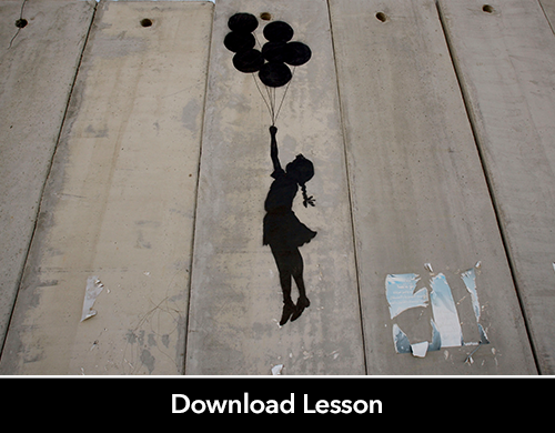 Banksy image, outline of little girl holding onto balloons