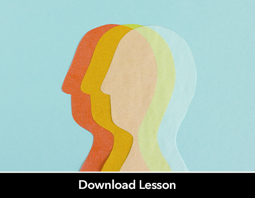 3 pieces of tissue paper cut into the shapes of human heads layered on top of one another. 