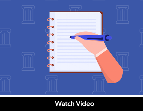 background has illustrations of columns. In the foreground is an illustration of a hand holding a pen, taking notes in a spiral notebook. 