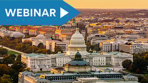 United States capitol city Washington D.C. The sun is setting in the background. Text overlay indicates that this is a webinar. 