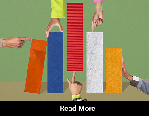 Hands placing rectangles in shape of an ecomics graph 