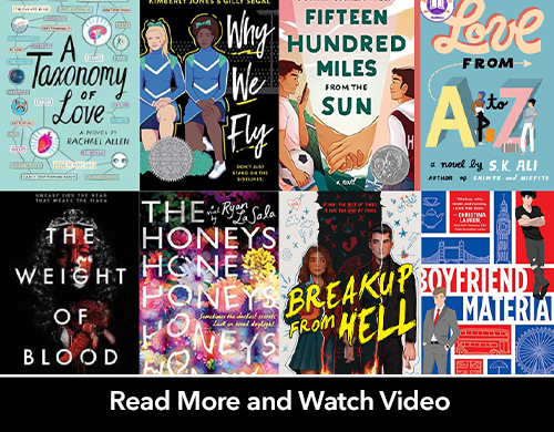 Collage of eight young adult romance books: A Taxonomy of Love, Why We Fly, Fifteen Hundred Miles from the Sun, Love from A to Z, The Weight of Blood, The Honeys, Breakup From Hell, and Boyfriend Material