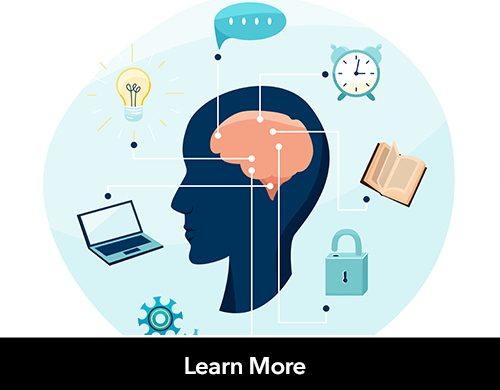 Text: Learn More; Image: Person silhouette with cerebrum and connections of action, reading, working, mind, idea. Isolated on white background
