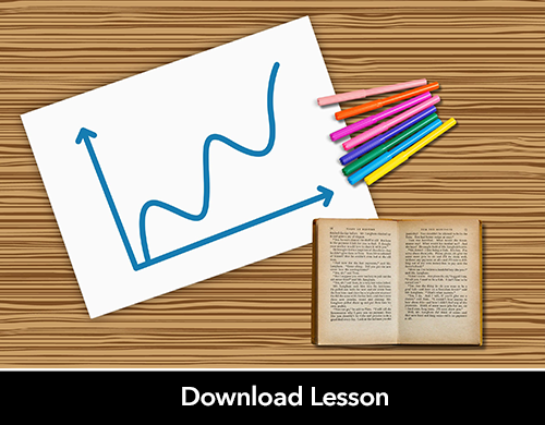 Poster board with a line graph drawn on. Next to the poster board are multicolored markers and an open novel. 