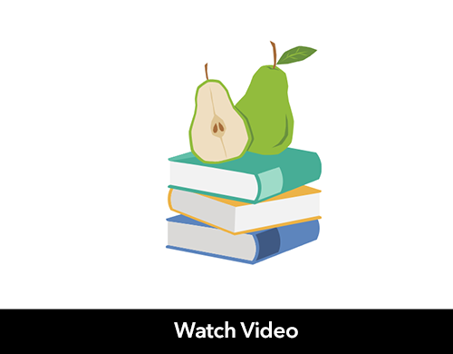 Illustration of a pear sitting on top of three books